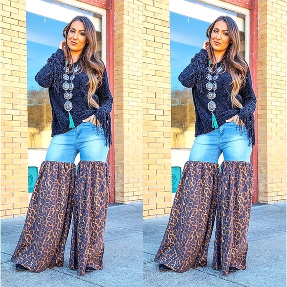 Denim Wide Leg Animal Print Pants - Picture 1 of 5